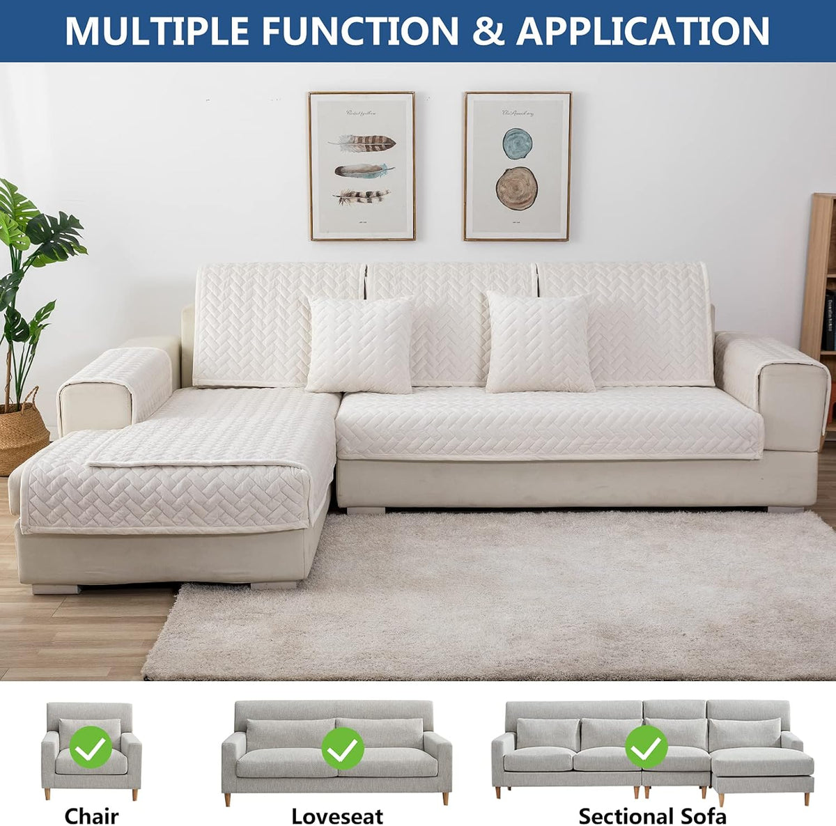 Eismodra Couch Cover,Sectional Couch Covers,Sofa Covers for 3 Cushion Couch,Anti-Slip Sofa Slipcovers for Dogs Cats Kids Loveseat Recliner L Shaped Armrest Backrest,White 43''x63''(Only 1 Piece)
