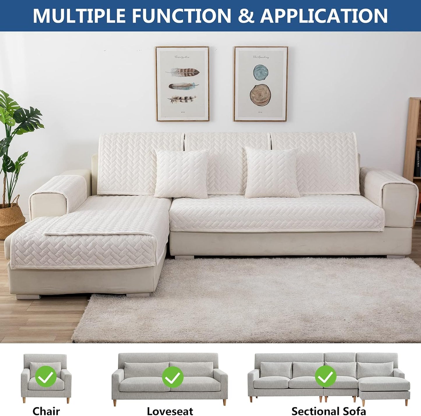 Eismodra Couch Cover,Sectional Couch Covers,Sofa Covers for 3 Cushion Couch,Anti-Slip Sofa Slipcovers for Dogs Cats Kids Loveseat Recliner L Shaped Armrest Backrest,White 43''x70''(Only 1 Piece)