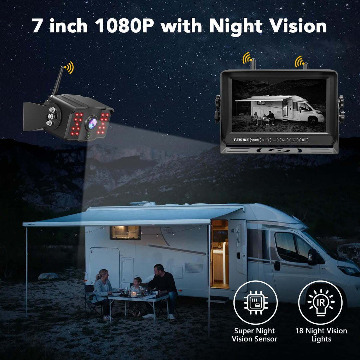 Dual RV Backup Camera Wireless with 7" 1080P Monitor, for Furrion Pre-Wired RVs, 4-Channel Split Screen System, Loop Recording, IR Night Vision, Wide Rear View Camera for Truck, Trailer, Camper
