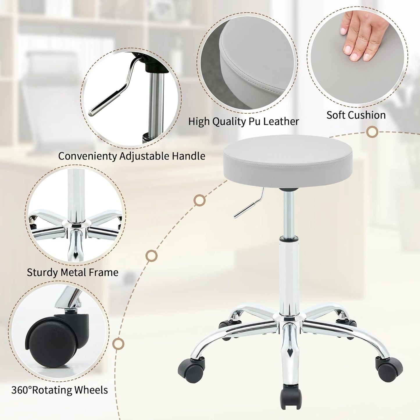 Rolling Stool Adjustable Height 19.5’’-26.6’’,Tattoo Chair for Artist, Gray Stool for Hairstylist (Gray)