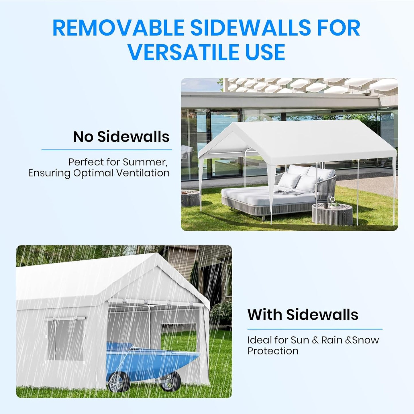 Carport 12x20 FT Heavy Duty, Outdoor Portable Garage with Removable Sidewalls & Doors, Waterproof, UV-Resistant Canopy Shelter for Vehicles, Boats, RVs, Trucks, All-Season Car Port,White