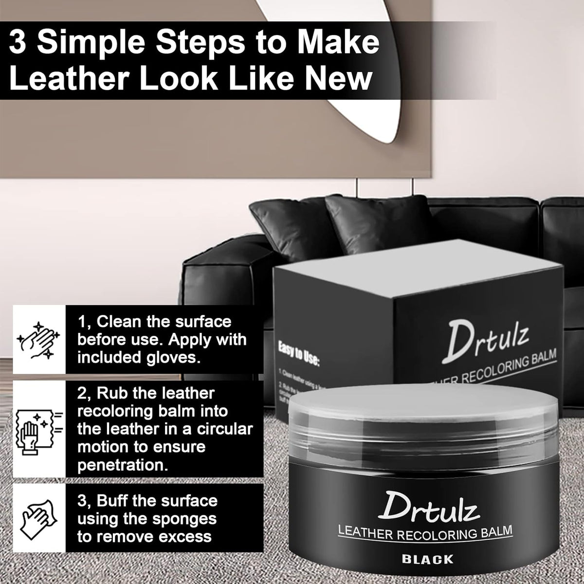 Black Leather Recoloring Balm, Leather Color Restorer Conditioner, Leather Repair Kits for Vinyl Furniture, Sofa, Car Seats, Shoes - Repair Leather Color on Faded & Scratched Leather Couches