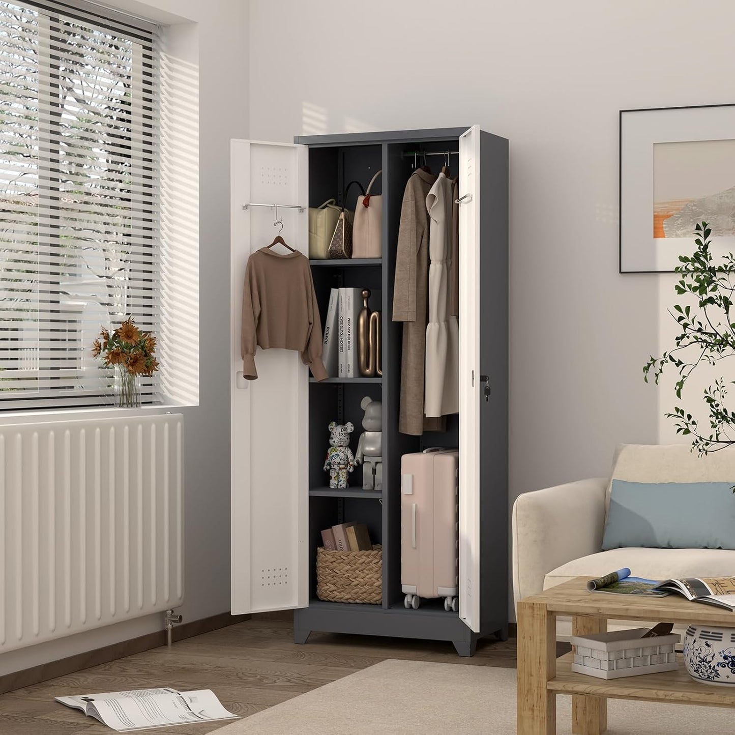 Metal Cabinets with Doors and Adjustable Shelves, 65" H Lockable Storage Cabinet, Grey-White Utility Cabinet for Brooms and Mops for Home,Kitchen,Garage