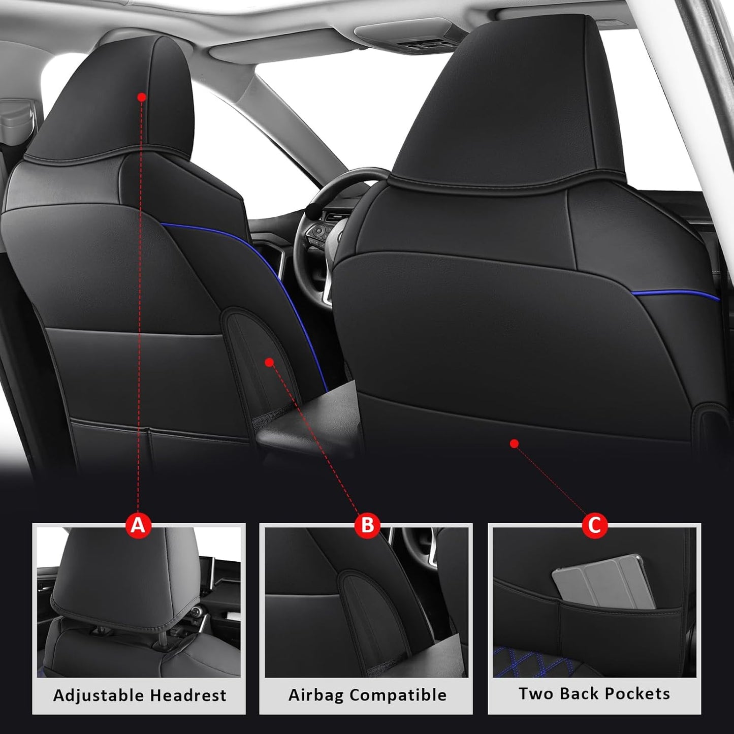 MIROZO Car Seat Covers for Toyota Rav4,Waterproof Rav4 Seat Covers Compatible with 2019 2020 2021 2022 2023 2024 2025 Toyota RAV4 Hybrid LE XLE Limited Seat Cover Full Set(Black and Red)