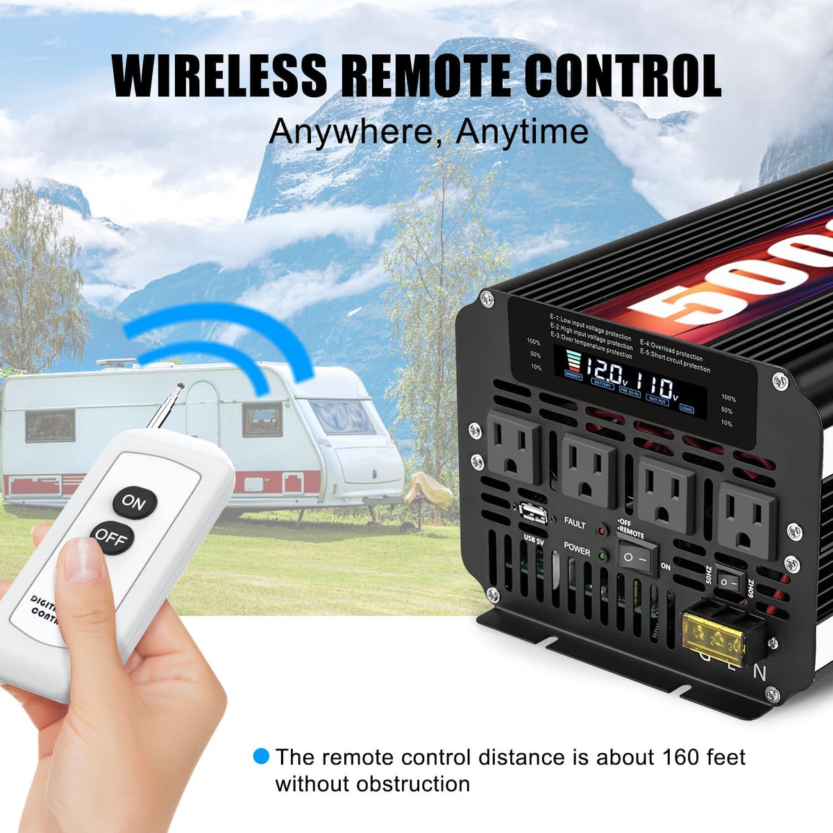 LVYUAN 5000 Watt Power Inverter 12V to 110V 120V for Vehicle, Solar Inverter System, Heavy Duty, RV, Truck, Off Grid,Camping with 4 AC Outlets, LCD Display, Wireless Remote Control, Car Power Inverter