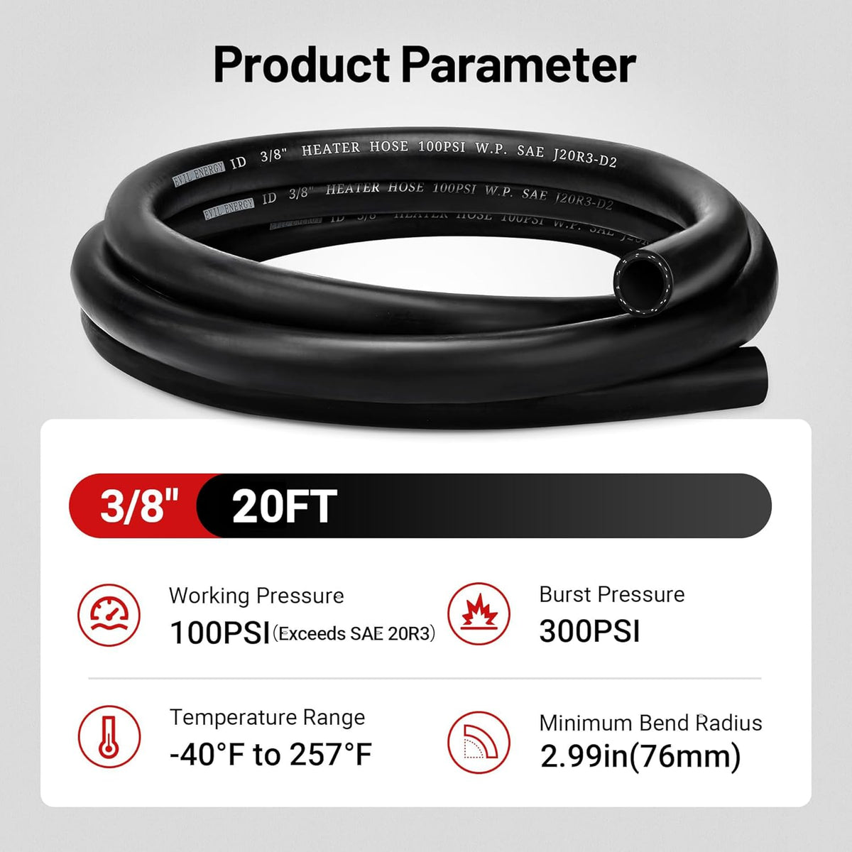 EVIL ENERGY 3/8" Heater Hose Coolant Radiator Straight 100PSI SAE 20R3 20FT Black