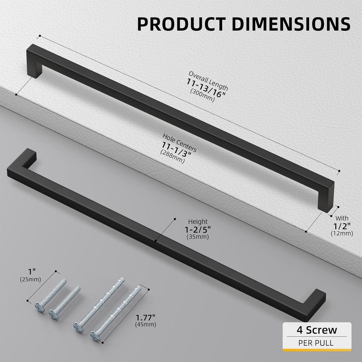 goldenwarm 45 Pack Black Square Bar Cabinet Pull Drawer Handle Stainless Steel Modern Hardware for Kitchen and Bathroom Cabinets Cupboard,Center to Center 11-1/3in(288mm)