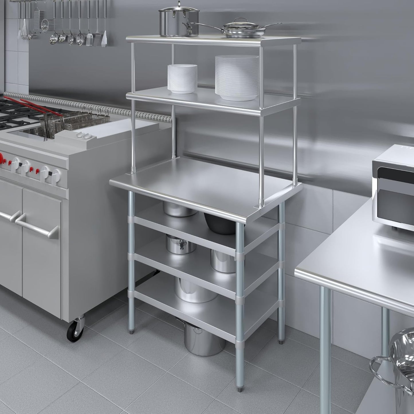 Amgood 24" x 36" Stainless Steel Work Table with 3 Shelves and 18" Wide Double Tier Overshelf | Metal Kitchen Prep Table & Shelving Combo | NSF