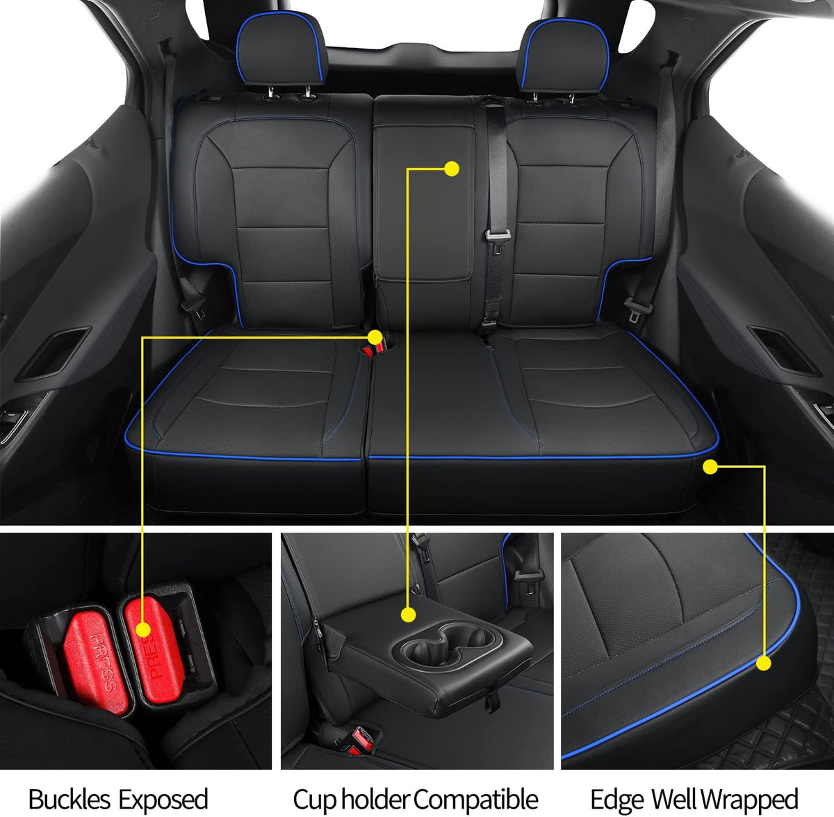 RISINGSTAR Terrain Seat Covers, fit for 2018-2024 GMC Terrain SUV with Rear Split Seats, Water Proof Faux Leather(Full Set, Black&Blue)