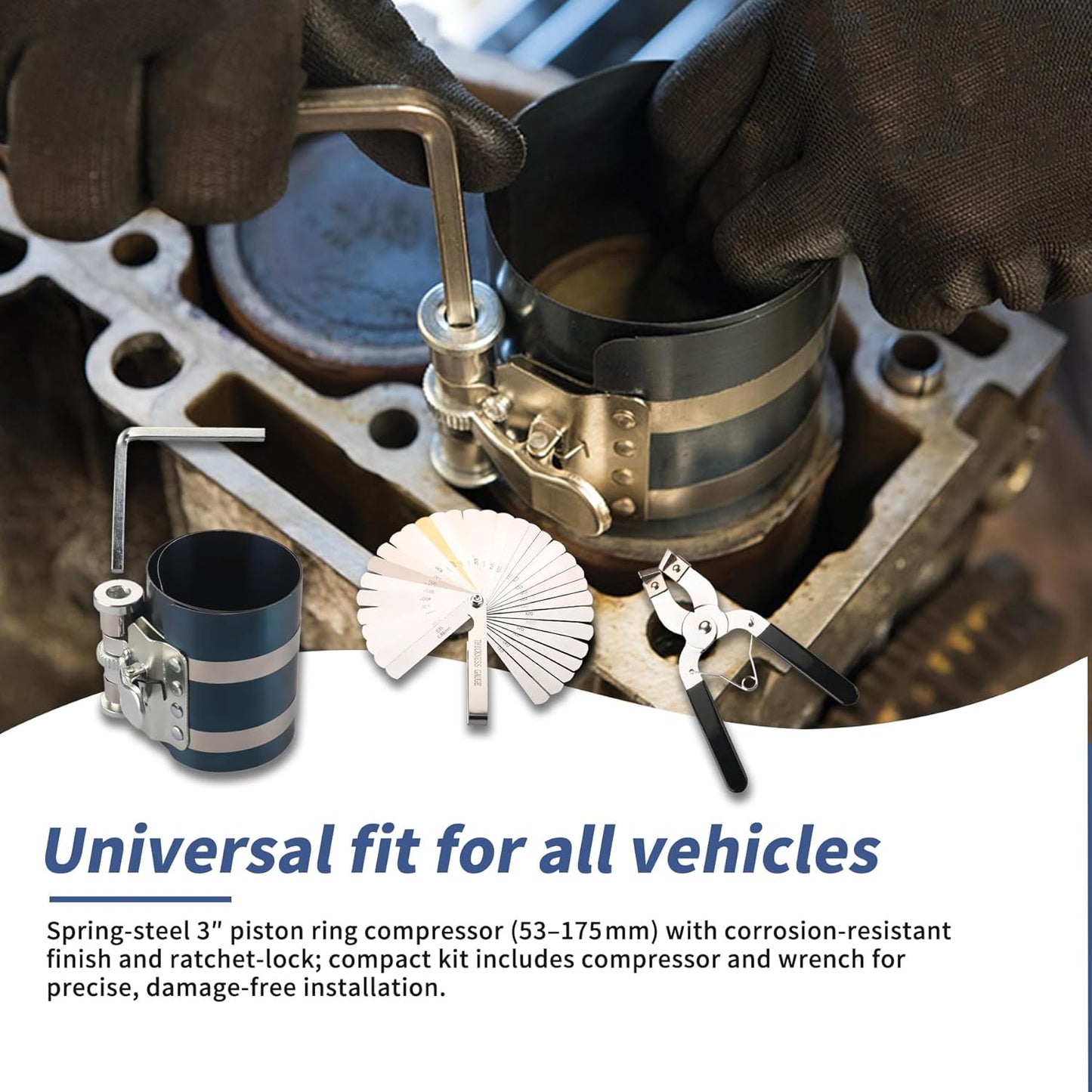 3 Inch Piston Ring Compressor Tool Car Engine Piston Ring Installer Removal Kit for Car Engine with Piston Installer Plier and Stainless Steel Feeler Gauge