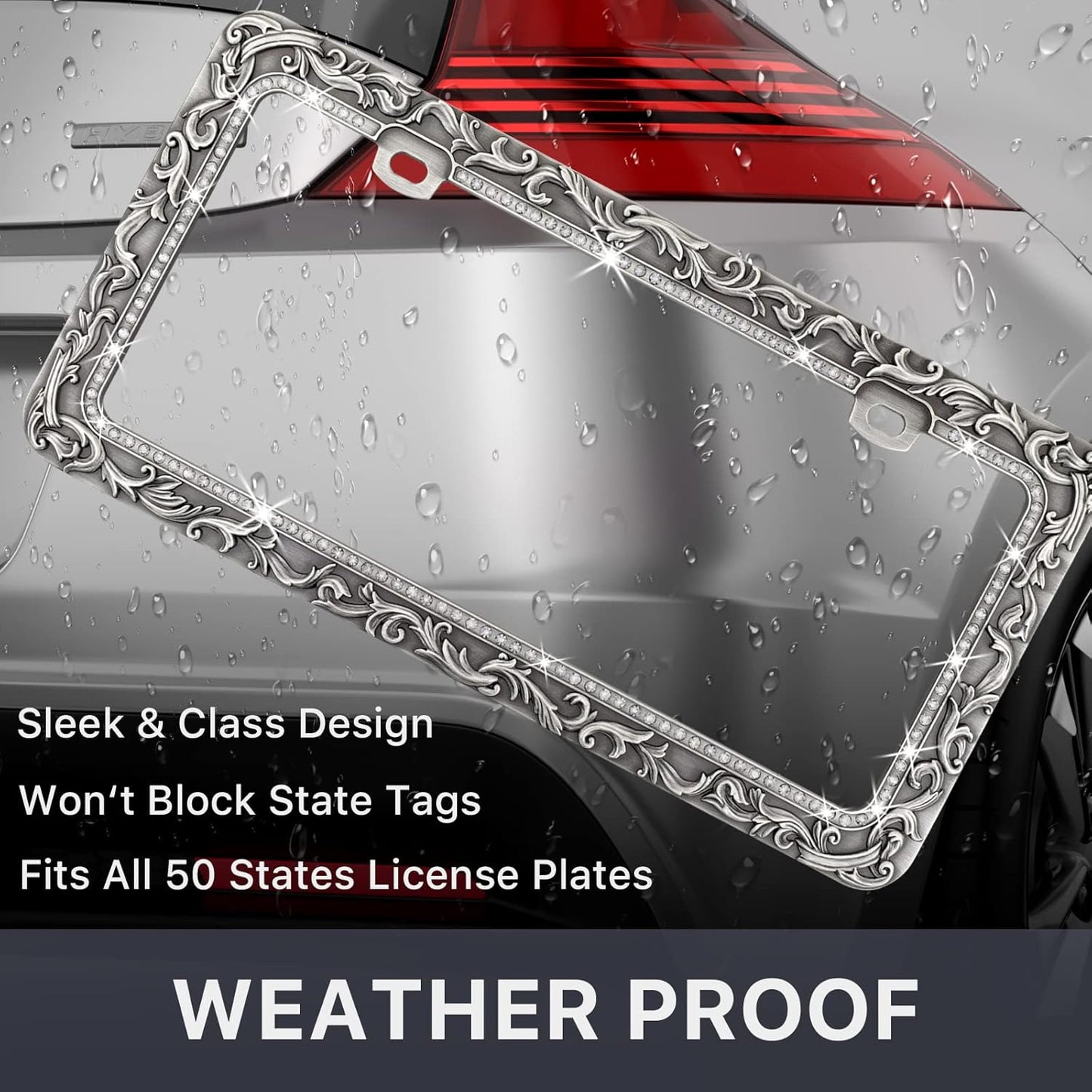 Valor Gel Metal Car License Plate Frames,Antique Old Pattern Printing, Bling Crystal Rhinestones Inlaid,Universal 2 Holes Automotive Replacement Parts Plate Holder(1 Pack)