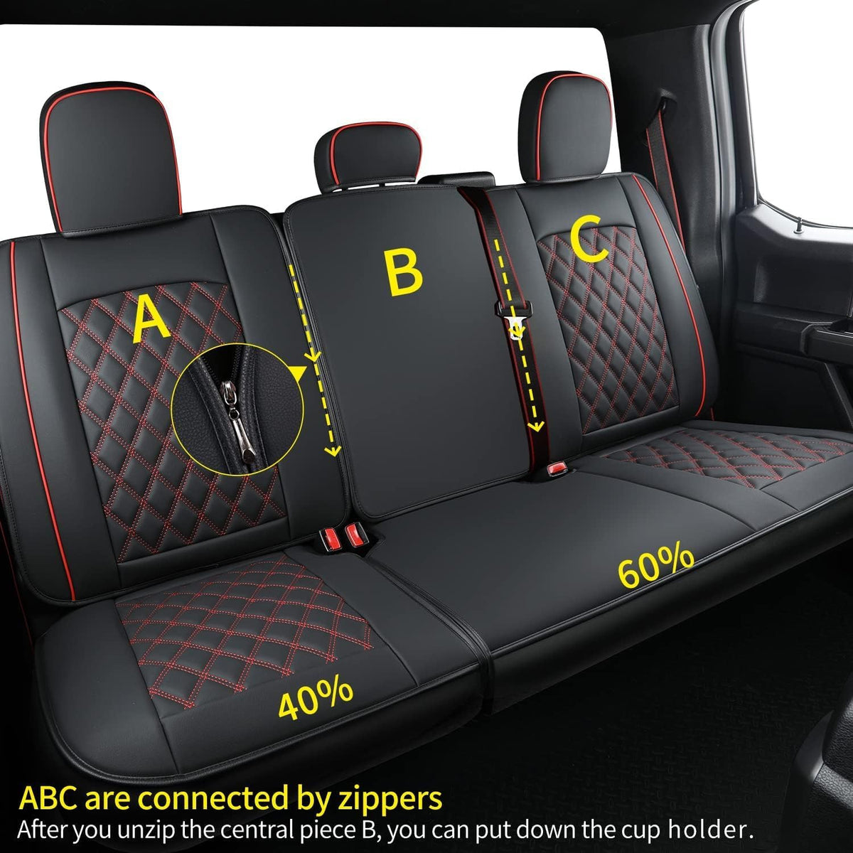 LUCKYMAN CLUB F150 Faux Leather Seat Covers Fit for 2015-2025 F150 and 2017-2025 F250 F350 F450 Pickup Trucks(Full Set, Black&Red)