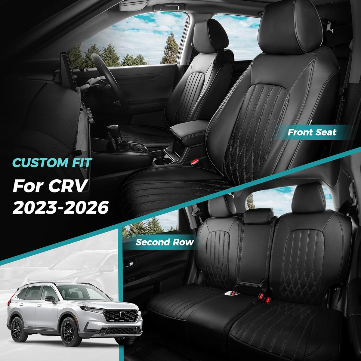 Seat Covers for Honda CRV 2023 2024 2025 2026 EX/EXL/LX/Sport/Touring/Special Edition, Hybrid & Gas, 1:1 Custom Leather Seat Covers Full Set - Black