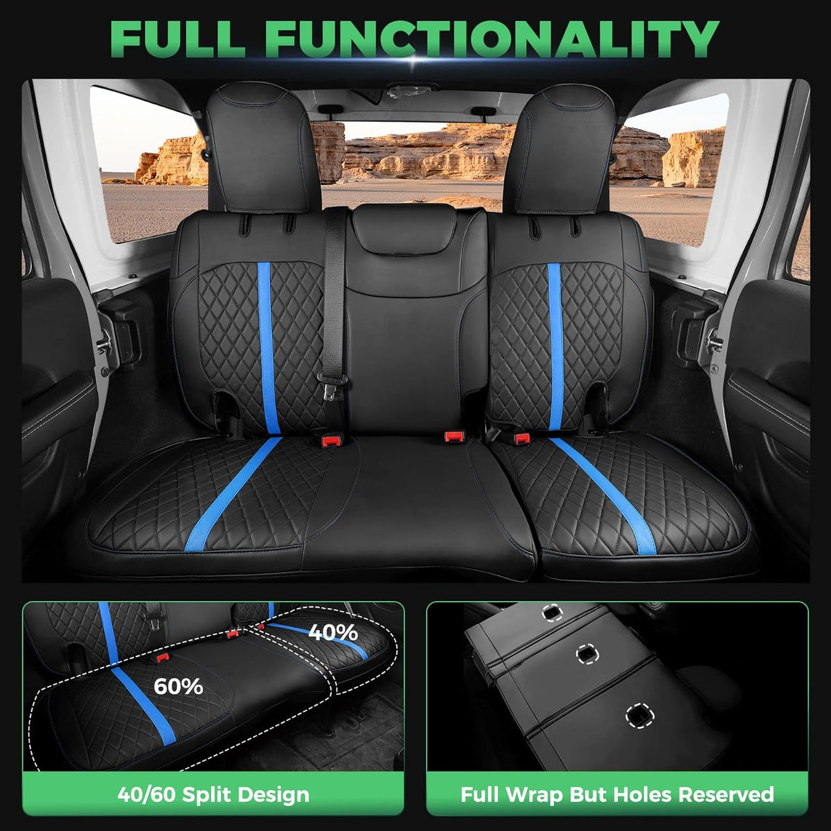 for Jeep Wrangler Seat Covers 4Door JL 2018 2019 2020 2021 2022 2023 2024 2025, Custom Car Seat Cover Full Set, Luxury Waterproof Leather Seat Protectors, Black Blue Trim, W/O Rear Cup Holder