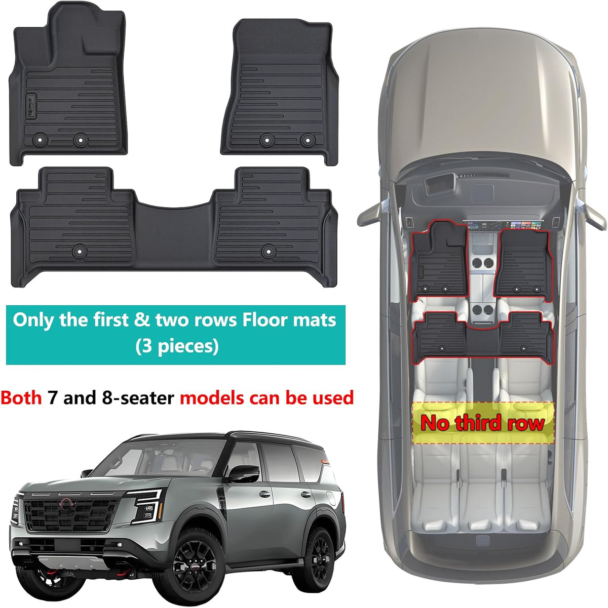 2 Rows Floor Mats for 2025 Nissan Armada 7 and 8 Passenger Models,TPE All Weather Protection Car Floor Liners Accessories | Front & Second Rows, 3-Pc
