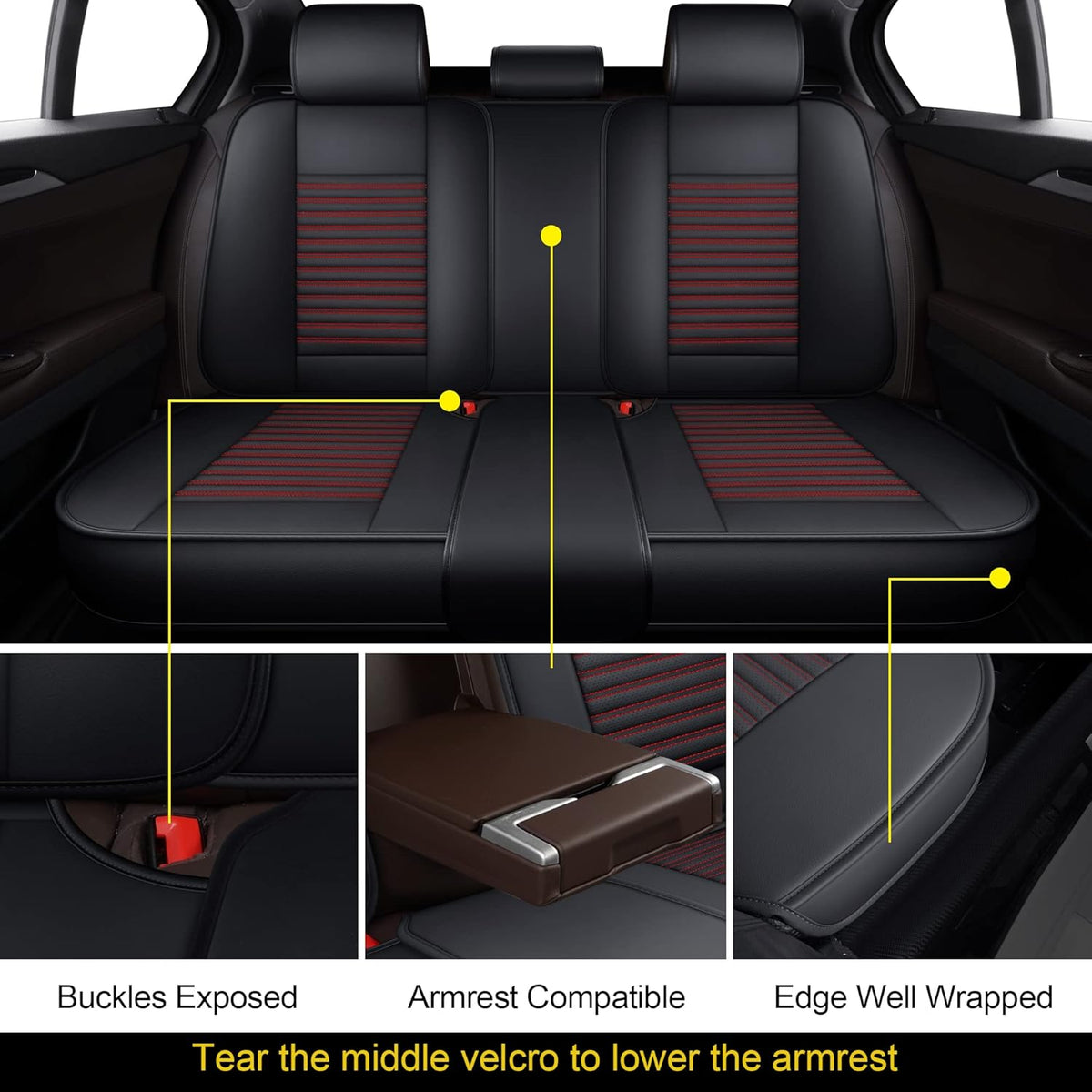 LINGVIDO Leather Car Seat Covers,Breathable and Waterproof Faux Leather Automotive Seat Covers for Cars SUV Pick-up Truck Sedan,Universal Anti-Slip Driver Seat Cover with Backrest (Rear Seat, Red)