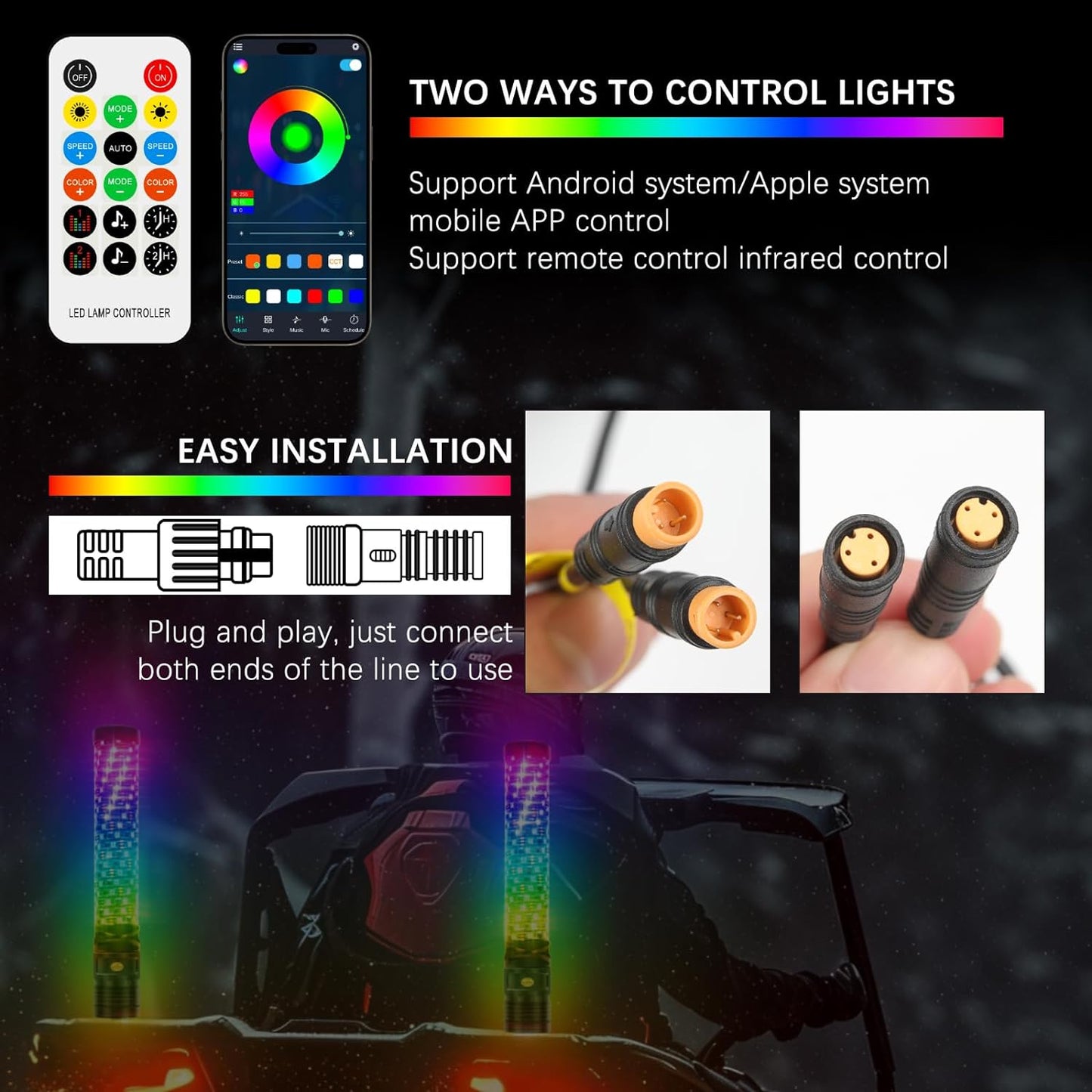 DREAMIZER 2PCS 1FT Fat Spiral Led Whip Lights with APP&Remote Control RGB Chasing Dancing Lighted Antenna Whips Compatible with Can-Am X3 UTV ATV RZR SXS Dune Buggy Offroad Truck