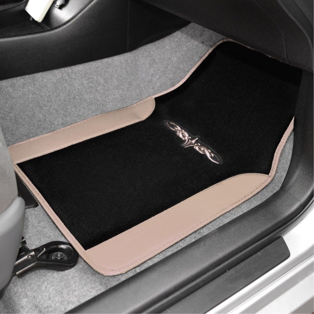 BDK carXS Fresh Two-Tone Carpet Floor Mats, Tribal Tattoo Design with Vinyl Trim for Car Sedan Truck SUV, Front & Rear Set of 4, Beige