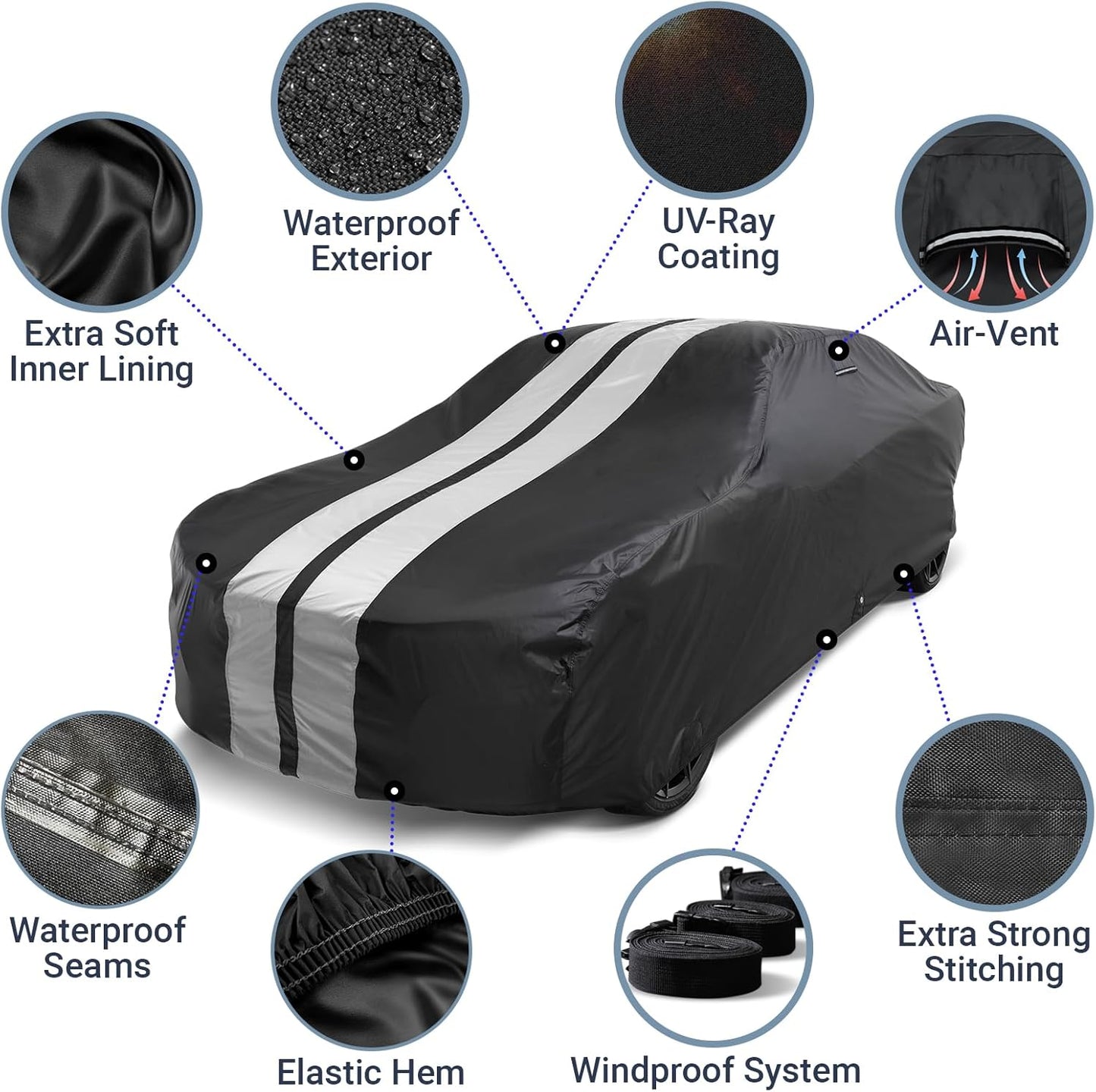 iCarCover Custom Car Cover for Pontiac Grand Prix (1973-1977) Waterproof All-Weather Rain Snow UV Sun Protector Full Exterior Indoor Outdoor Car Cover (Stripe - Black/Gray)
