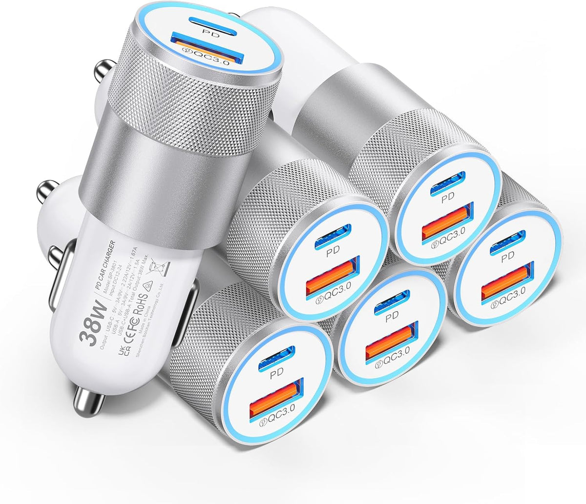 Car Charger USB C 6-Pack, Ancekoy 38W Dual Port Cigarette Lighter with PD3.0 + QC3.0 Type C Car Charger Adapter iPhone 16/15 Pro Max/Samsung Galaxy S24/S23/S22Plus/Ultra/,iPad Pro(White)
