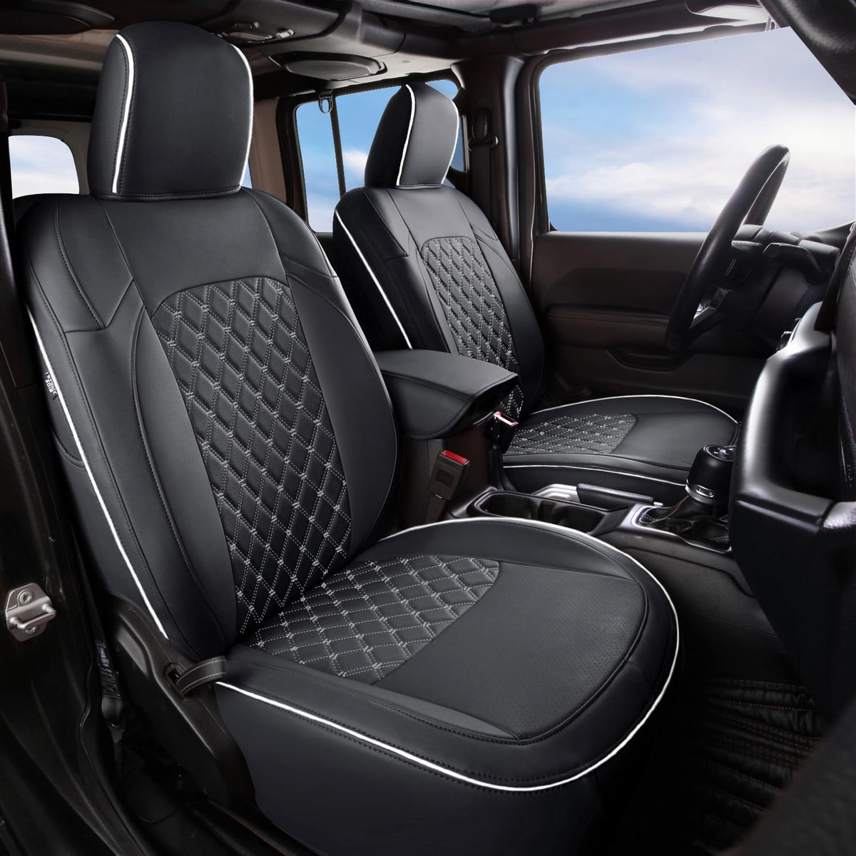 GIANT PANDA Customized Full Set Car Seat Covers for Jeep Wrangler 4 Door JL Sahara Sport Rubicon Willys 2018 2019 2020 2021 2022 2023 2024 2025 Without Rear Cup Holder,Faux Leather - (Black+Gray)