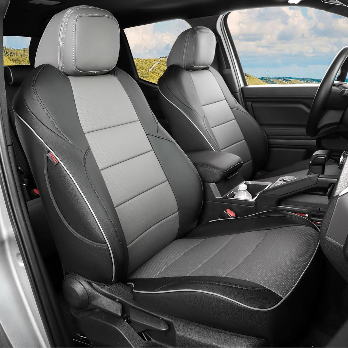EKR Tacoma Car Seat Covers Custom for Select Toyota Tacoma (Only for Hybrid) 2024 2025 Double cab TRD Sport,TRD Off-Road,Limited,Trailhunter -Full Set,Leather(Black/Gray)