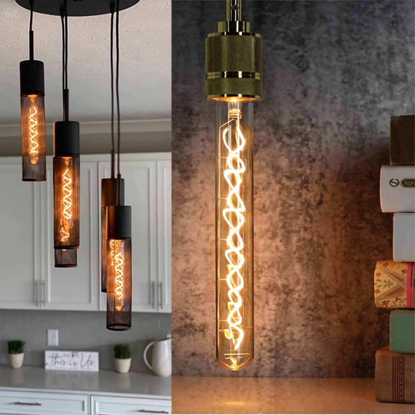 Leools Vintage LED Spiral Filament Bulb T10,11.8inch Long Tubular Dimmable Edison Light Bulbs,E26 Medium Base,Amber Glass,Warm White,2200K,400LM(40W Equivalent),T30 Led Tube Bulb,Pack of 4.