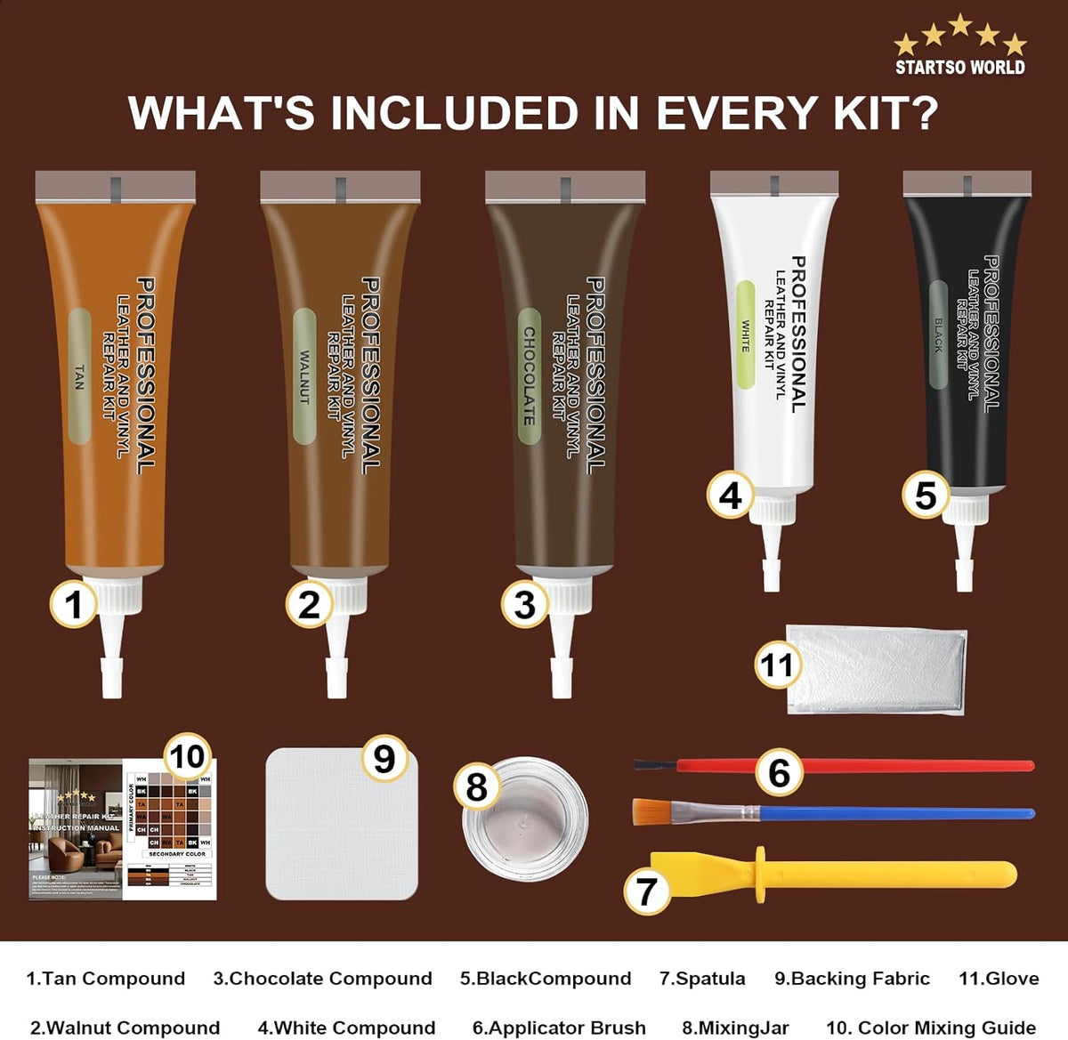 STARTSO WORLD Brown Leather & Vinyl Repair Kit for Furniture, Couches, Car Seats, Sofas, Boat Seats, Jackets with Easy Instructions, Repair Scratches, Tears, and Holes in Pleather, Genuine Leather