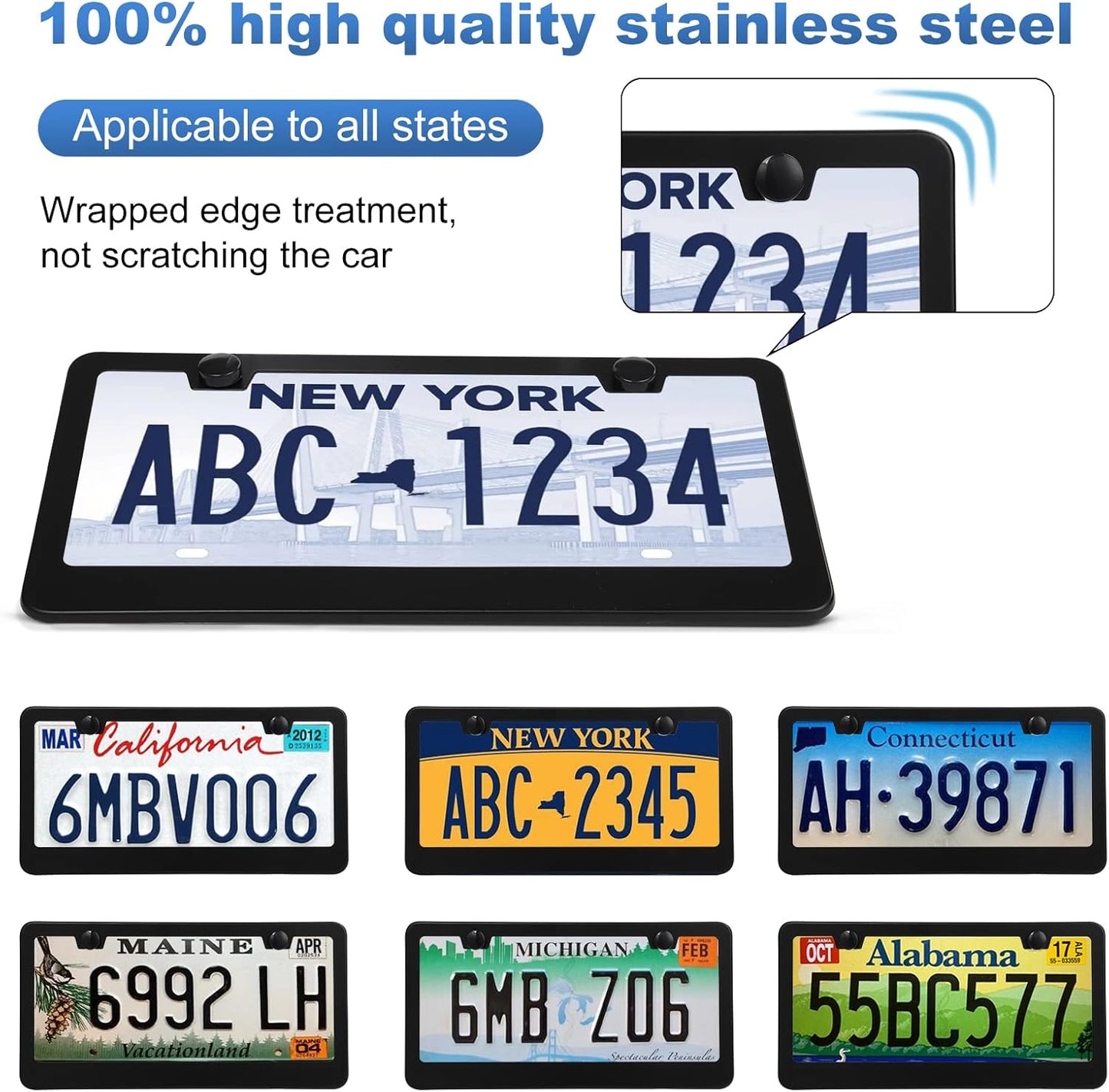 2 Pack License Plate Frames, Stainless Steel Car License Plate Cover Car Accessories with Screw Caps (Black)