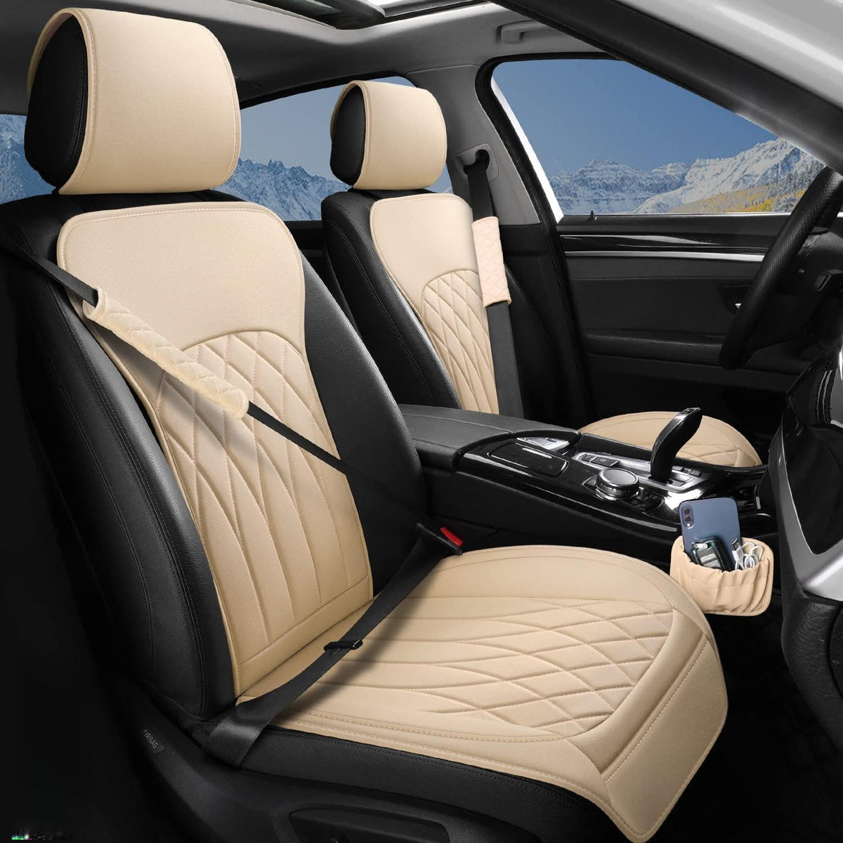 2 Pack Leather Front Car Seat Covers, Universal Sideless Car Seat Protectors with Storage Pocket and Seat Belt Pads, Waterproof Automotive Seat Cover for Cars Trucks SUV(Beige)