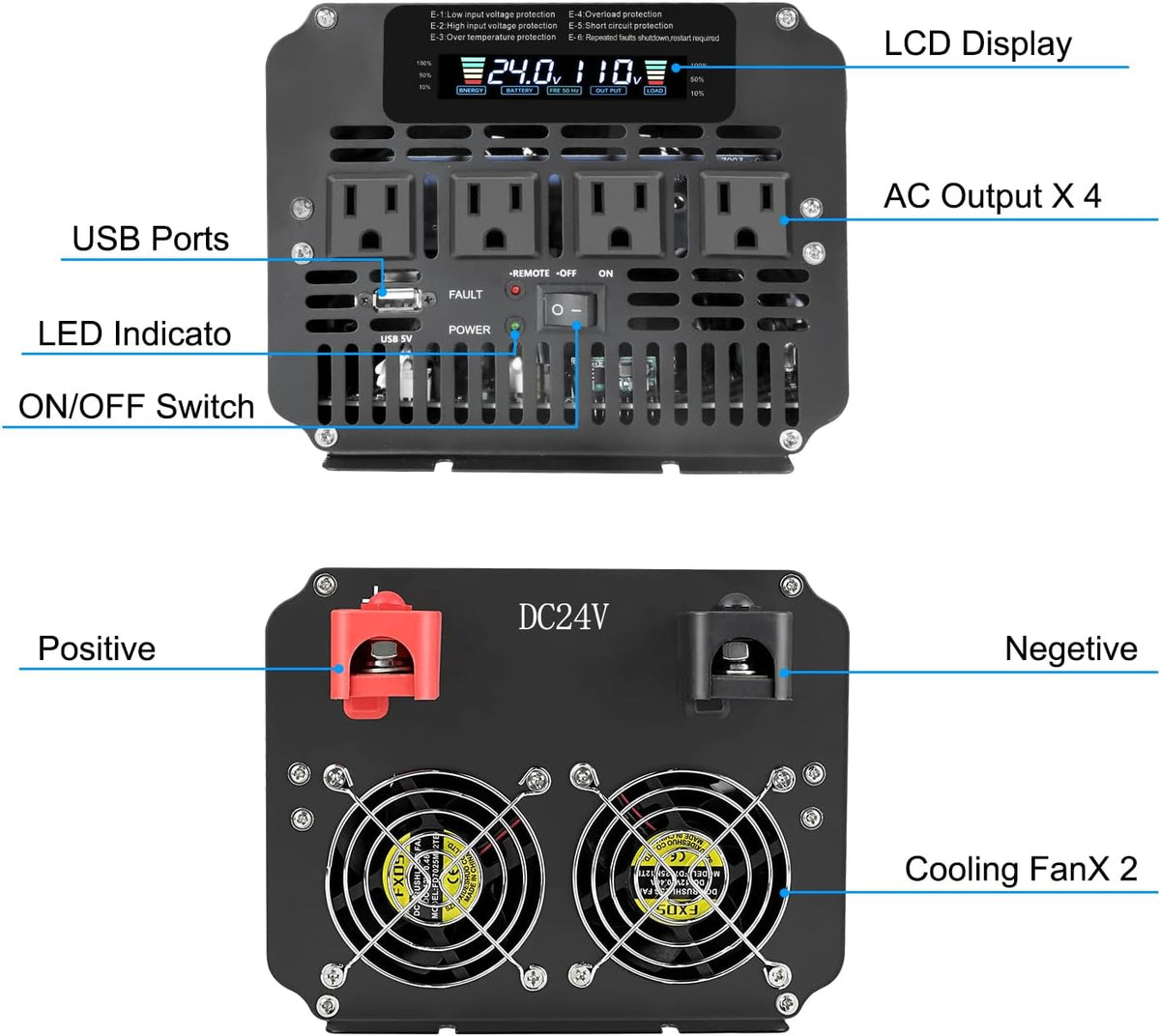4000 Watt Power Inverter, Car Inverter 24V DC to 110V/120V AC Converter with LCD Display, 4 AC Outlets, USB Port & Remote Controller for RV, Truck, Off-Grid Solar System