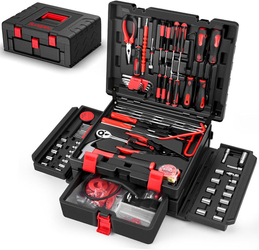 Sundpey 132-PCs Car Tool Kit - Portable General Basic Home and Automotive Repair Tool Set with Drawer for Men Women with Hook & Pick & Fastener & Valve Stem Removal Tools for RV Truck Motorcycle Bike