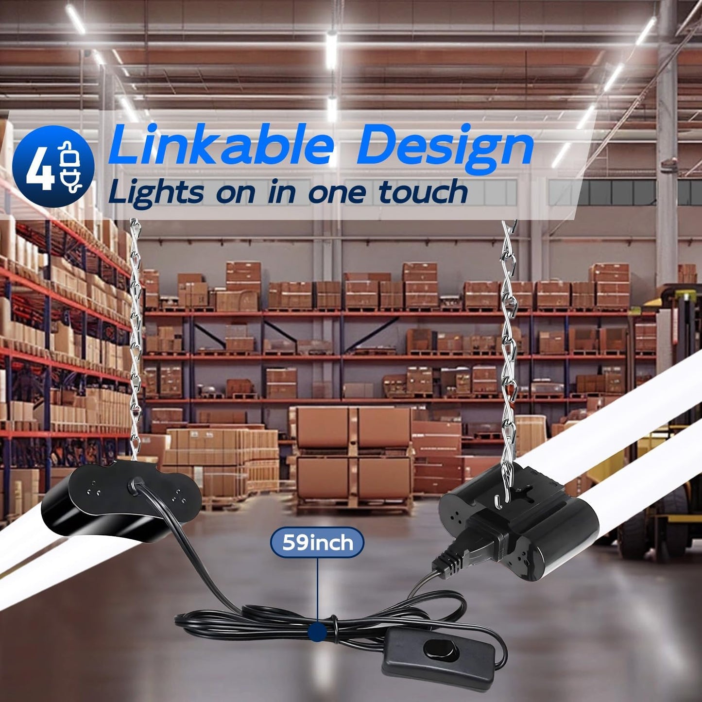 hykolity 4 Pack Linkable LED Shop Light, 4FT 42W [250W Equivalent], 4400lm, 5000K Daylight, with Plug, Utility Light Fixture, Hanging or Surface Mount, Black