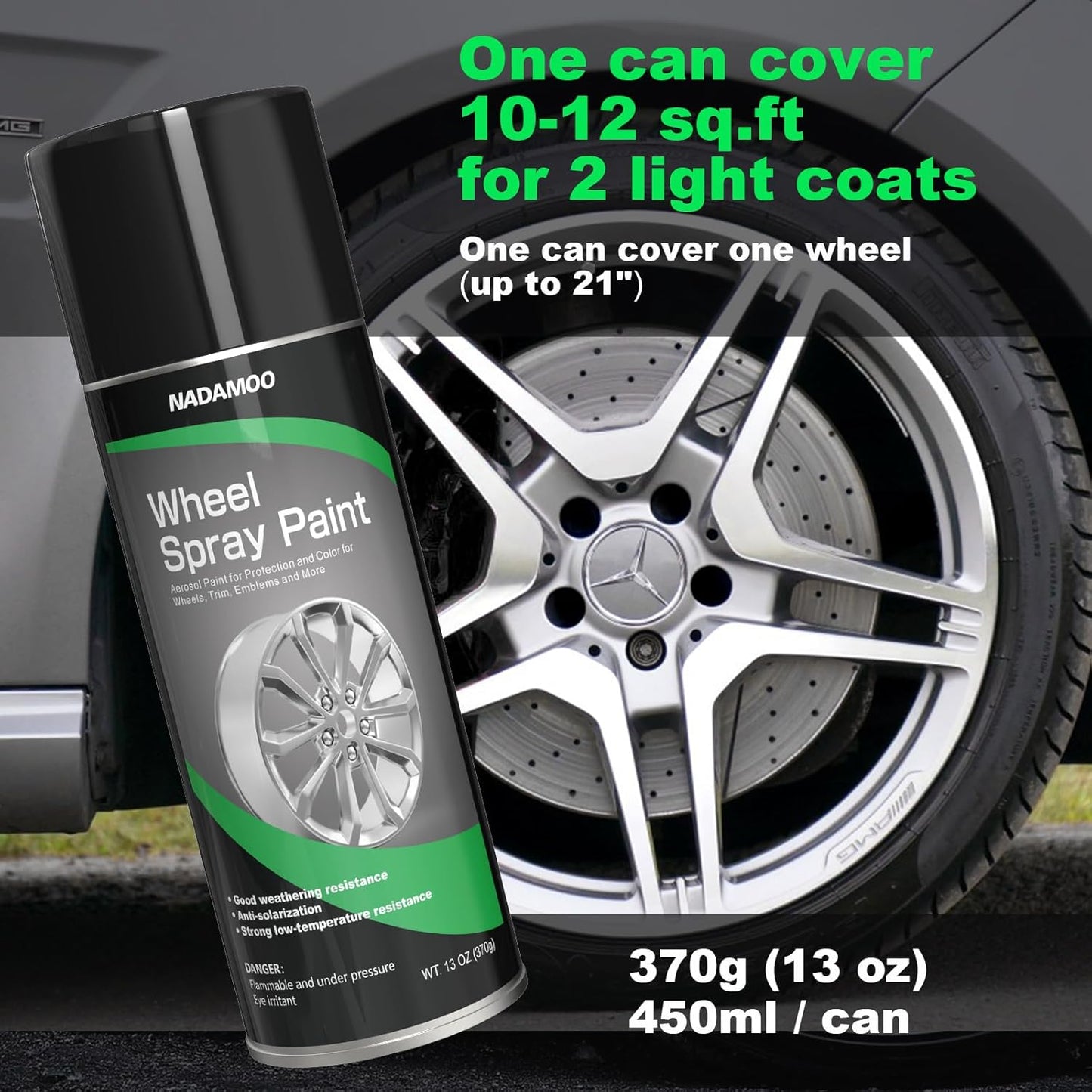 NADAMOO Aluminum Wheel Spray Paint, Semi-gloss Aerosol Car Rim Paint for Recolor and Protection of Metal Surface, Silvery, 2 Cans, 13 Oz Per Can