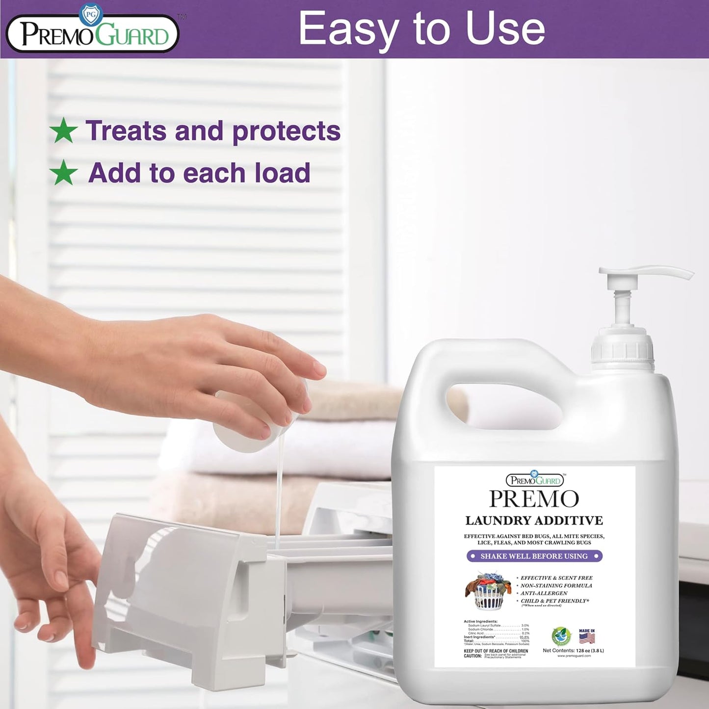 Premo Guard Bed Bug, Mite & Lice Laundry Detergent Additive 64 oz – Child & Pet Friendly – Stain & Odor Free – Best Natural Non-Toxin Treatment