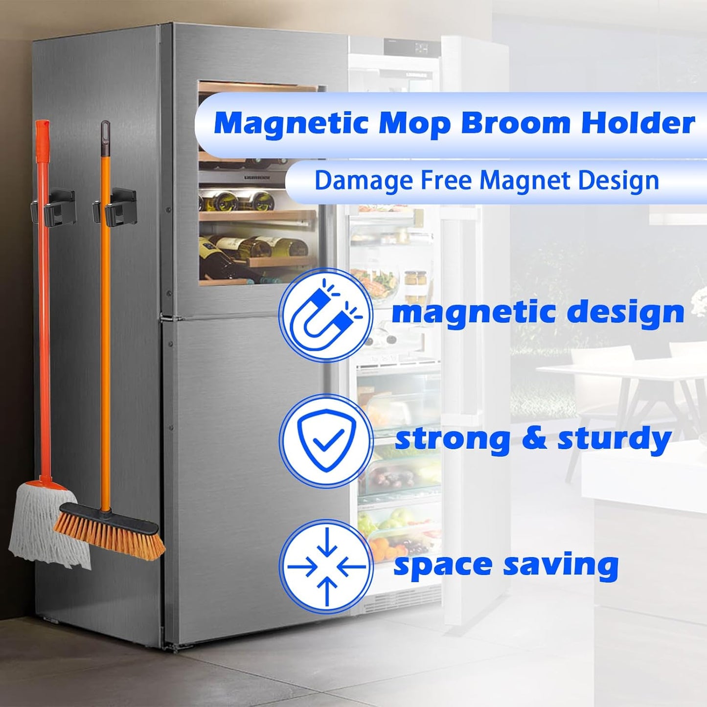 Strong Magnetic Mop Broom Holder, 2 Pack Heavy Duty Magnetic Mop Hanger for Refrigerators, Magnet Wall Mount Broom Holder Tool Storage for Laundry Room Garage Kitchen Workshops Metal Shed