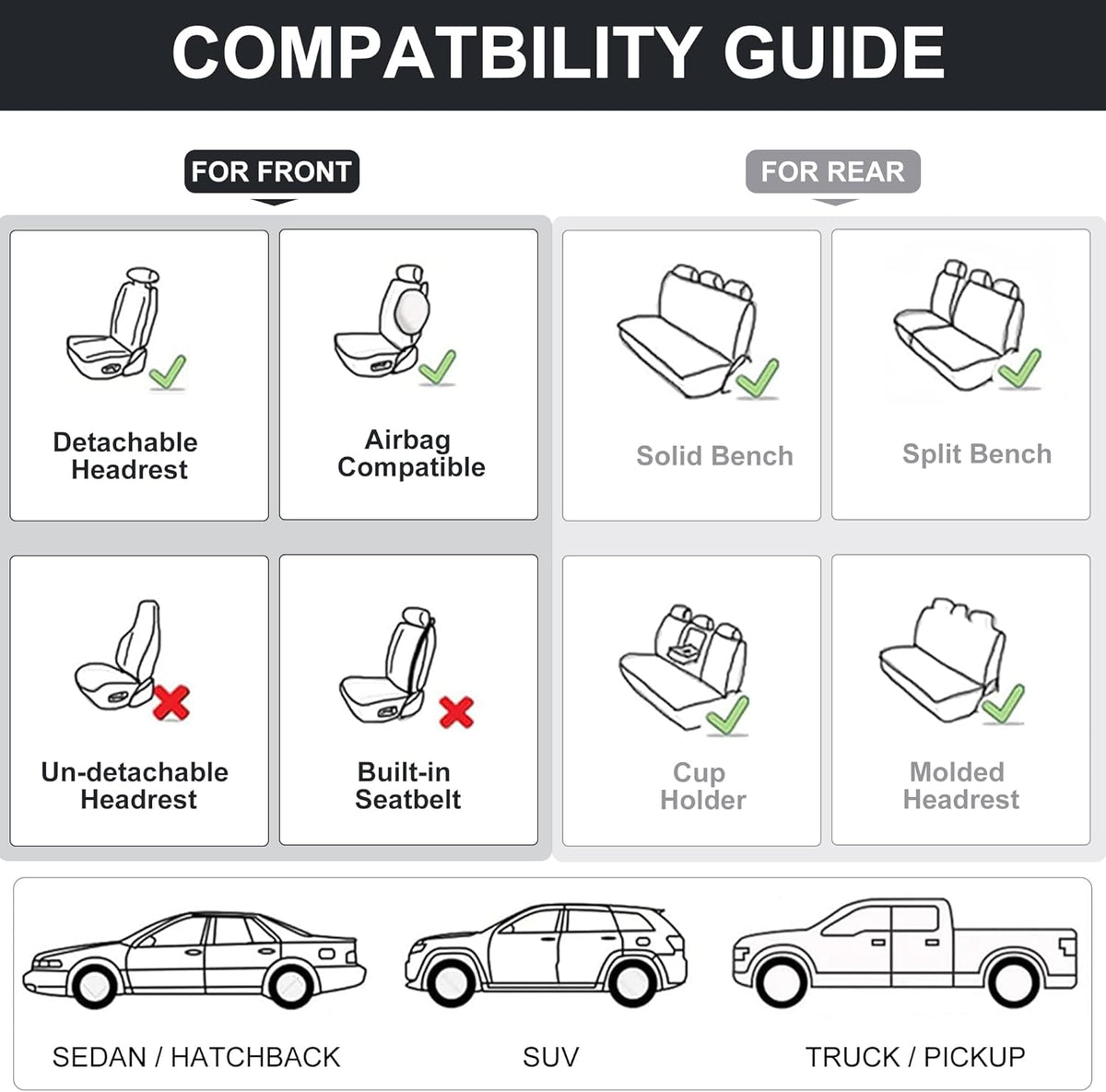 Front Seat Covers, 2 Pieces Universal Seat Covers for Cars, Waterproof Leather Auto Seat Protectors with Head Pillow, Car Seat Cushions Fit for Most Sedans SUV Pick-up Truck, Gray