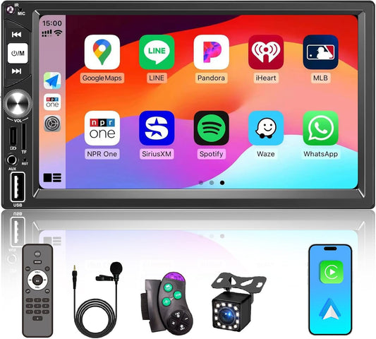 7” Wireless Apple CarPlay Double Din Car Stereo,FM Car Radio,Bluetooth 5.2,IPS Touchscreen 1024 * 600, Backup Camera,EQ Audio,Dual USB+Type-c Charging,Subwoord,Android Auto,Navigation,CarPlay MP5