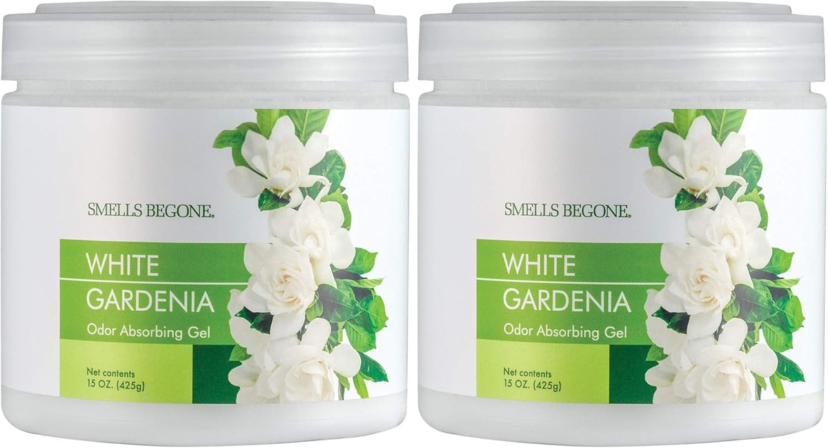 SMELLS BEGONE Air Freshener Odor Absorber Gel - 15 oz, Pack of 2 - Absorbs and Eliminates Odor in Pet Areas, Bathrooms, Cars, & Boats - Made with Essential Oils - White Gardenia Scent