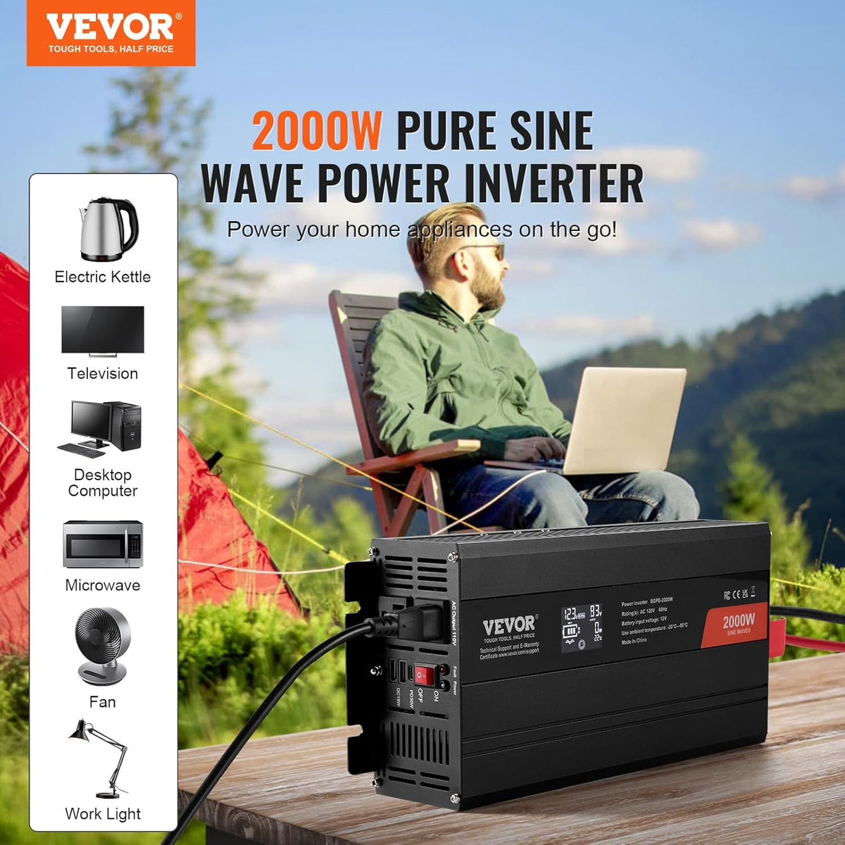 VEVOR Pure Sine Wave Inverter, 2000 Watt, DC 12V to AC 120V Power Inverter with 2 AC Outlets 2 USB Port 1 Type-C Port, LCD Display and Remote Controller for Medium-Sized Household Equipment, CE FCC