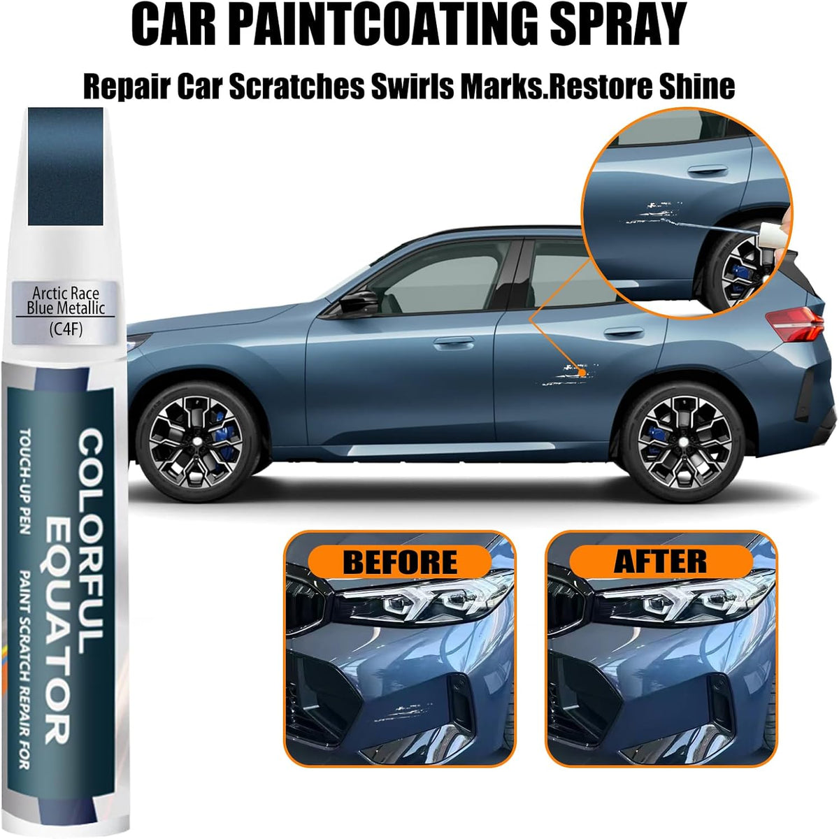 Arctic Race Blue Metallic(C4F) Touch Up Paint for BMW, Car Paint Pen Scratch Repair Two-In-One Touch Up Paint, Premium Car Scratch Remover for Deep Scratches
