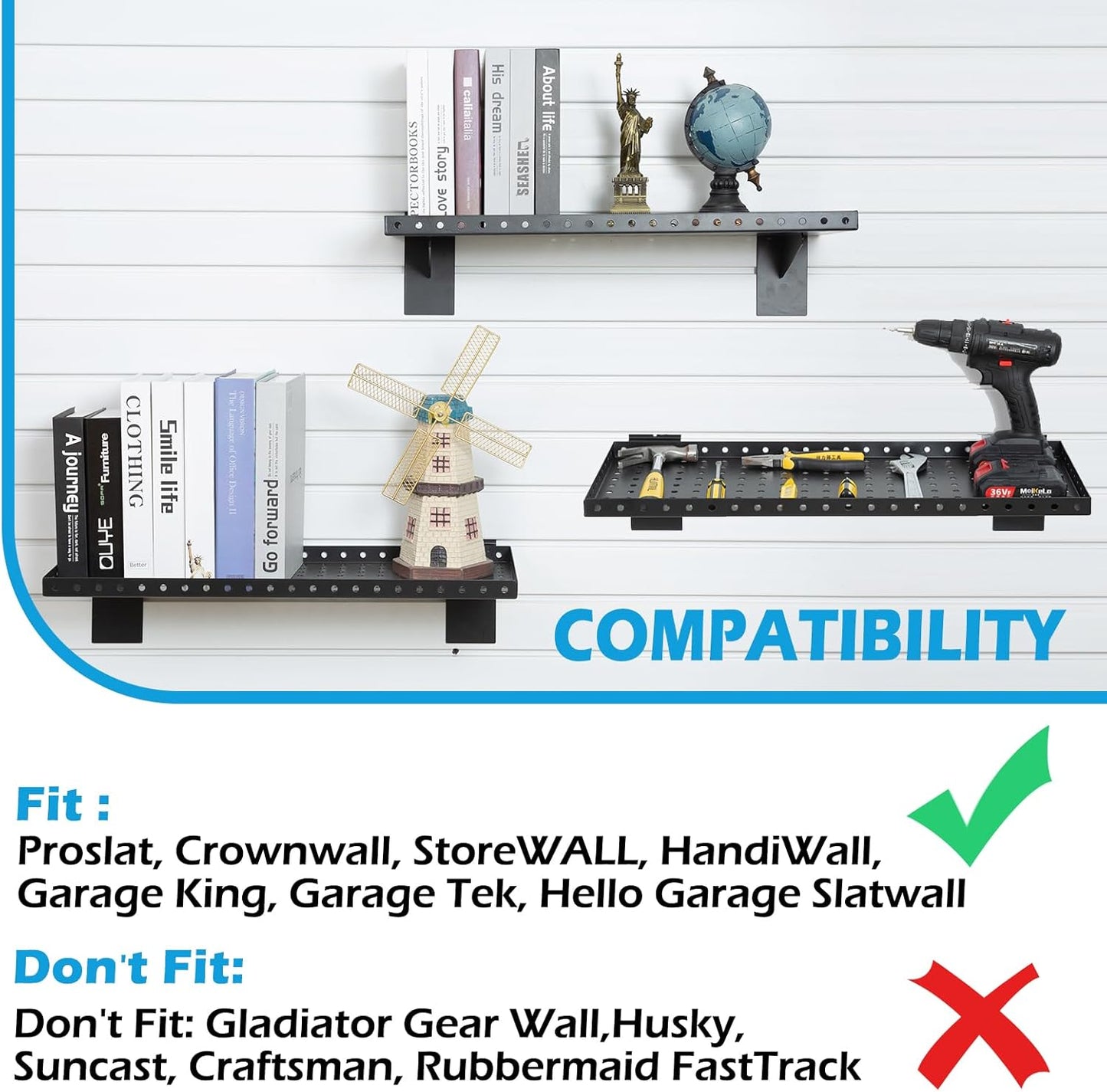 Slatwall Shelves 24x10 Inch, Slatwall Accessories for Retail, Garage, Home Storage, Heavy Duty Slat Wall Hanging Shelf (4, White)