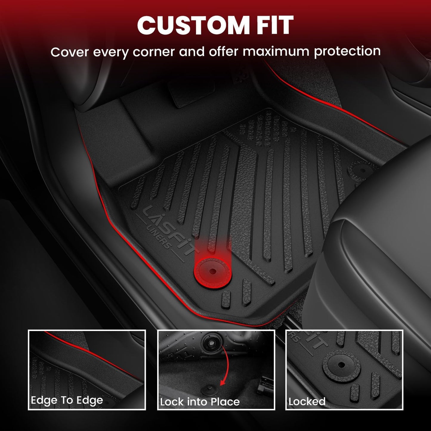 LASFIT Floor Mats and Trunk Mat for Ford Mustang 2015-2025 (Cargo w/o Subwoofer Box) All Weather Protector TPE Car Floor Liners, 1st & 2nd Row & Cargo Liner, 5pcs Black