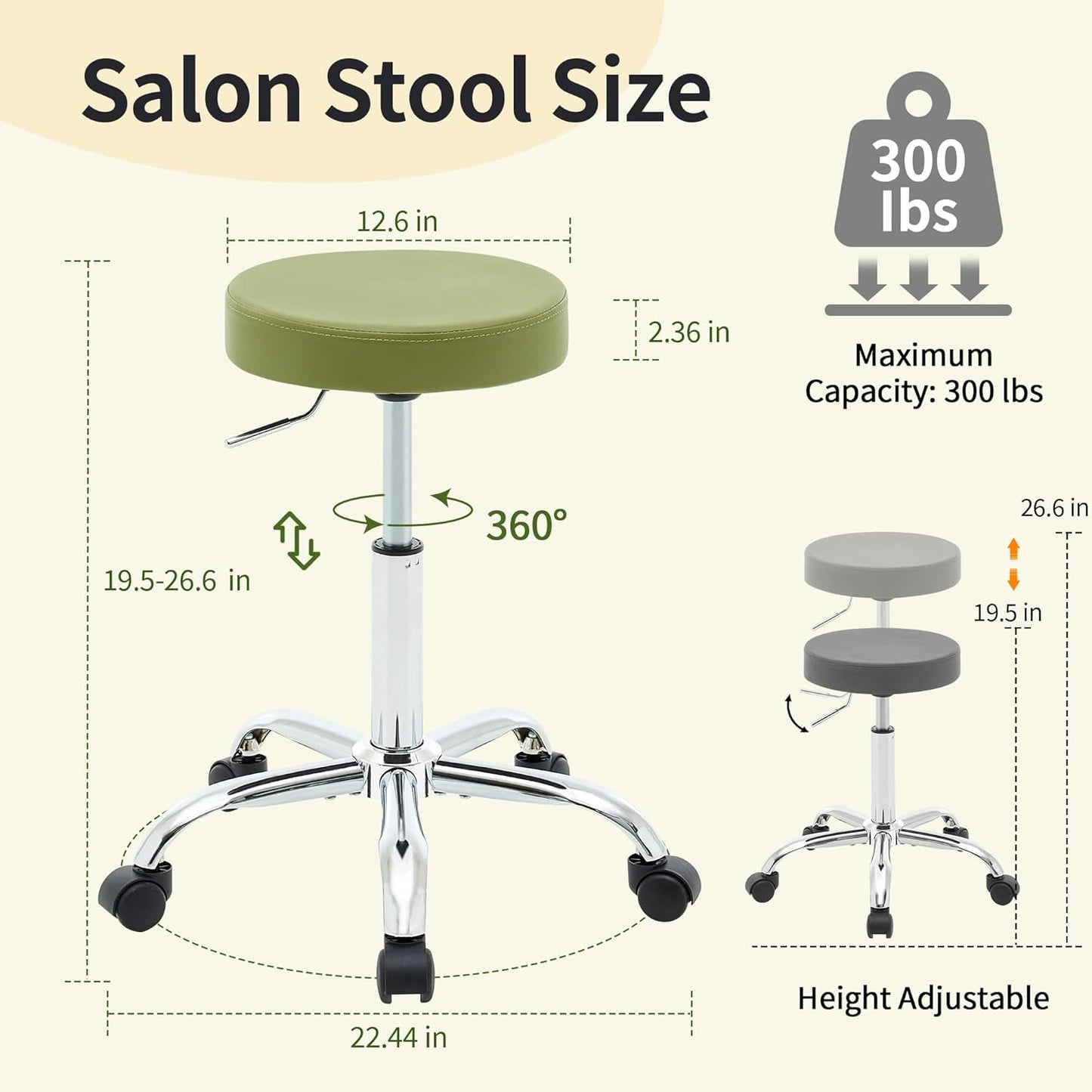 Tattoo Stool with Wheels,Adjustable Rolling Massage Chair19.5’’-26.6’’, Green Salon stools for Hair Stylist (Green)