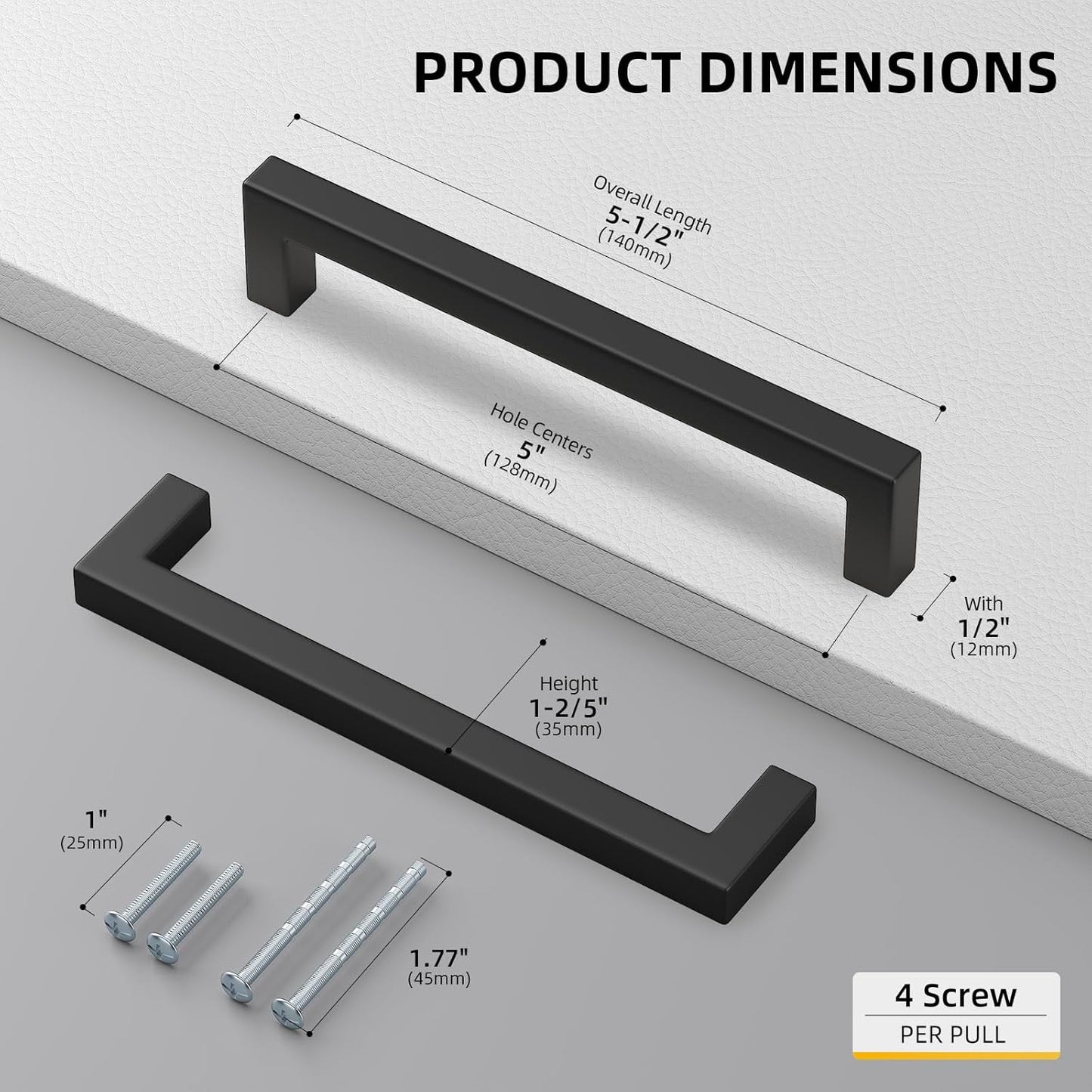 goldenwarm 10 Pack 5 Inch Black Cabinet Handles - Matte Black Drawer Pulls Stainless Steel - 128mm Cabinet Hardware Square Bar Modern Cabinet Pulls for Kitchen Bathroom Cupboard