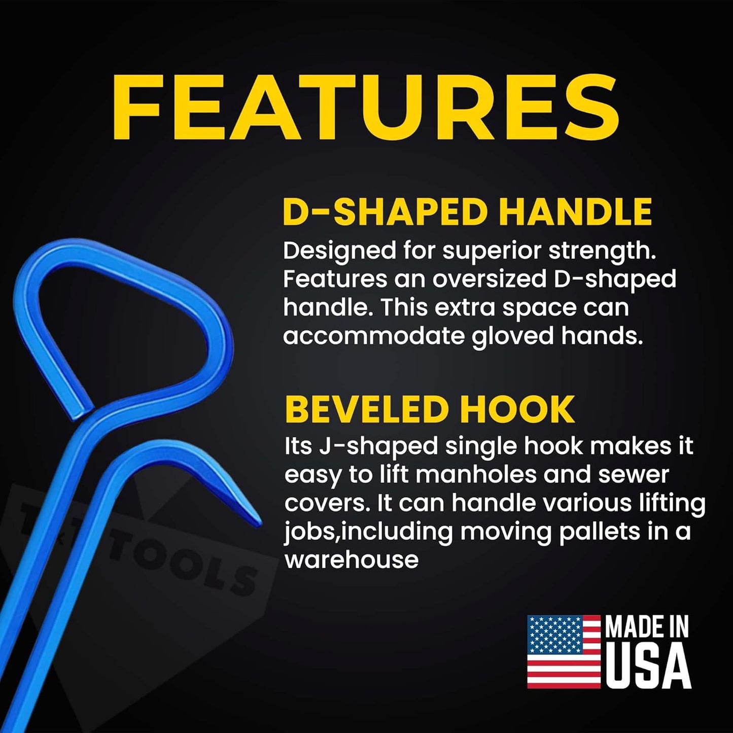 T&T Tools 30-Inch Manhole Hook - Heavy Duty Single Hook for Lifting Manhole Covers, Storm Drains, Septic Tank Risers - Rigid Hex Alloy Steel Tool for Lifting, Pulling, and Removing Covers - 1 Pack