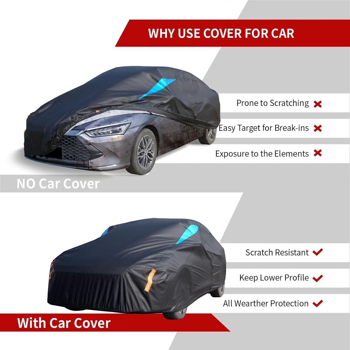Car Cover Waterproof All Weather, 6 Layers Car Covers for Automobiles, Full Exterior Cover with Zipper, Outdoor Car Cover Sun UV Rain Snow Wind Protection for Sedan (173-183 inch)