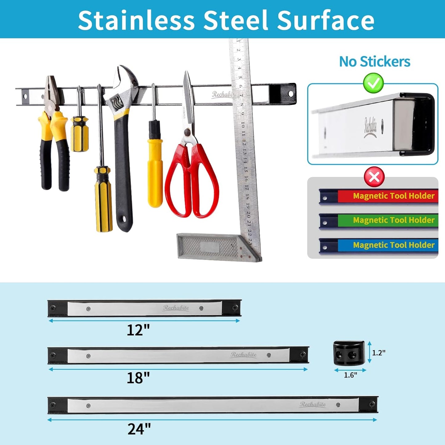 6 Pieces 24" Magnetic Tool Holder Strip, Stainless Steel Surface Tool Magnet Bar, Metal Tool Organizer Rack for Garage Organization, Easy To Install in Workshop, Mounting Screws Included