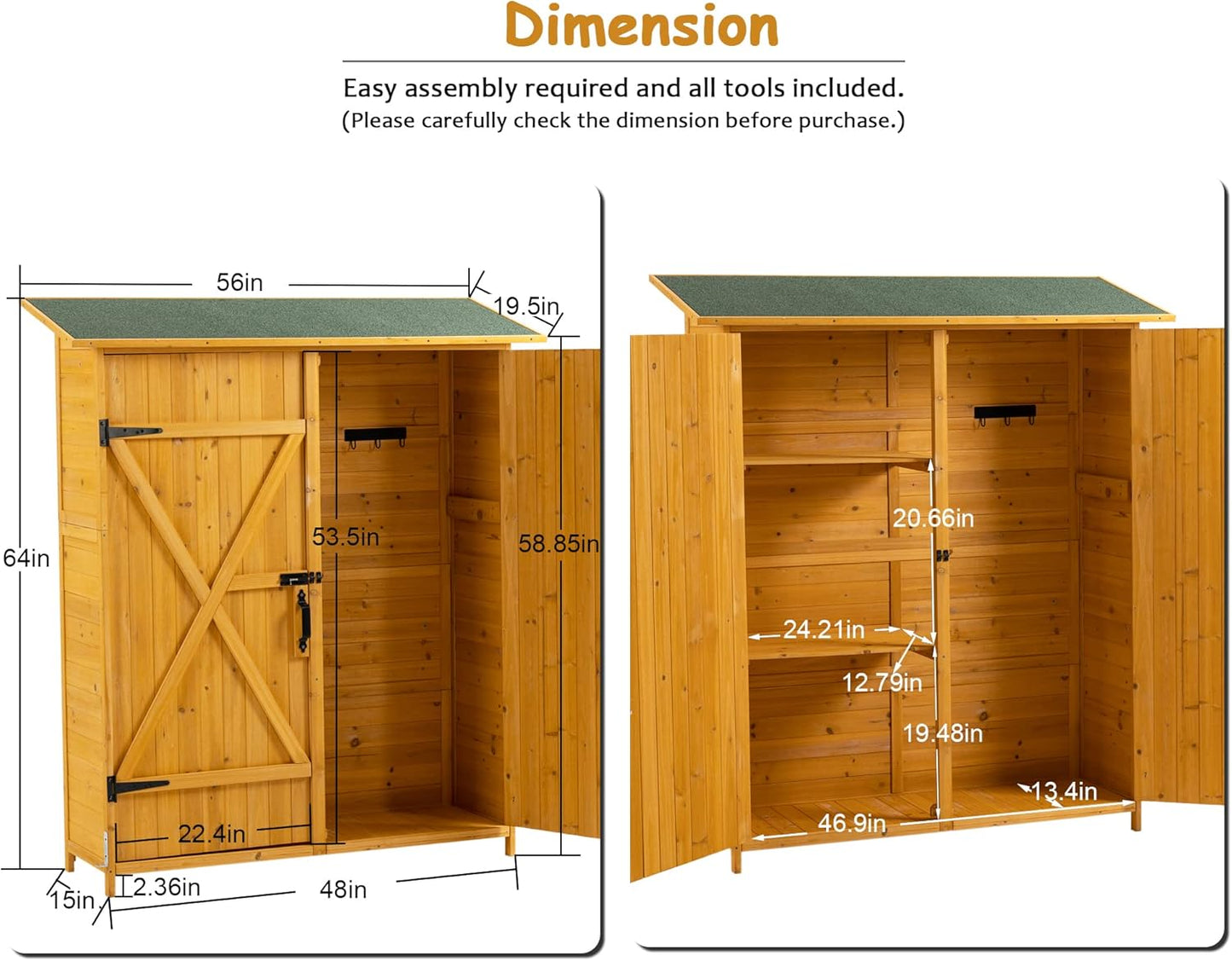 56" L x 19.5" W x 64" H Outdoor Wooden Storage Shed with Lockable Door, Waterproof Roof,Detachable Shelves for Garden Tools,Natural Wood
