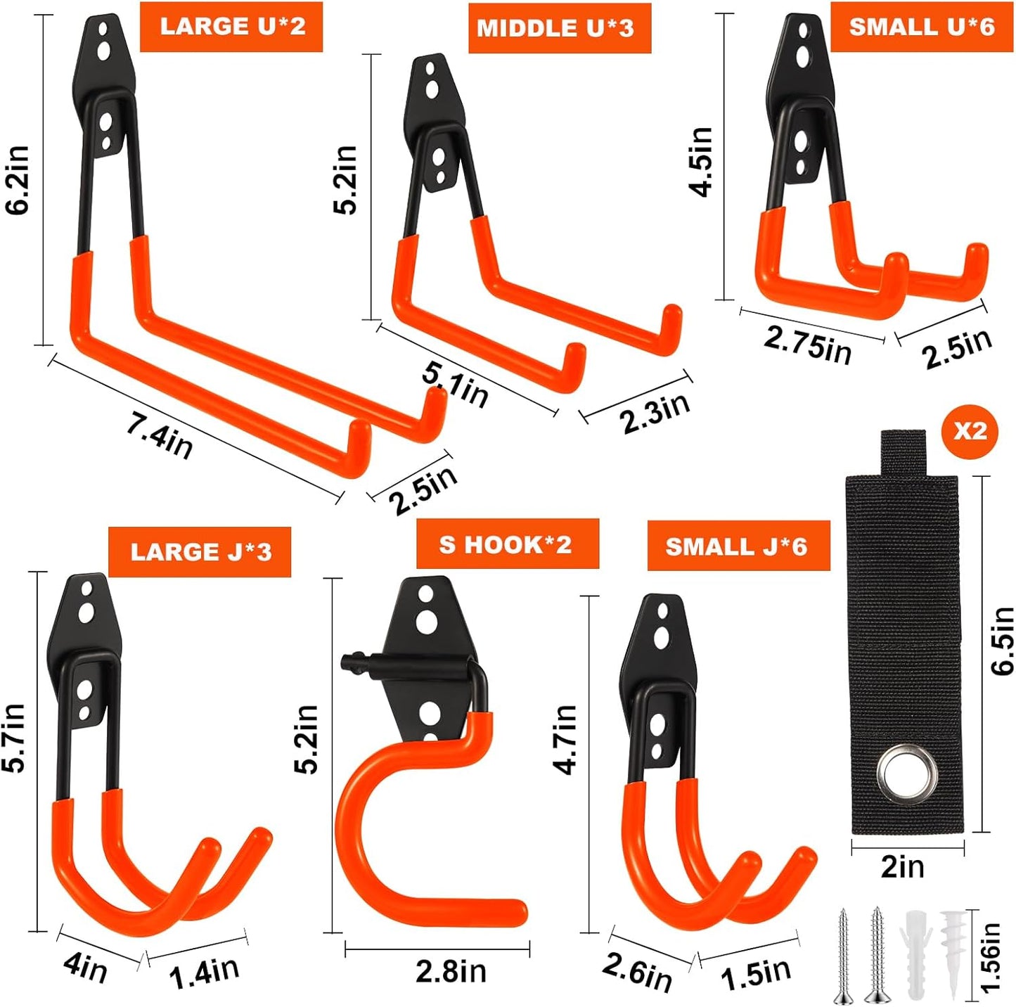 Garage Hook Heavy Duty Wall Storage Hangers, 24 Pack Garage Storage Hooks Steel Tool Orange for Ladders, Ropes, Garden Tools